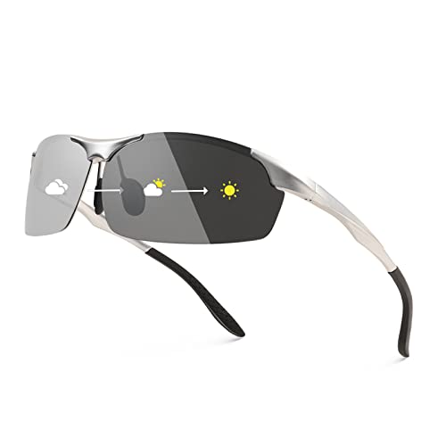 [FEISEDY] 偏光調光サングラス メンズ UV400 オーバル スクエア スモール 小さめ 合金 ハーフリムフレーム 軽量 スポーツ 自転車 釣り 運転 B1087