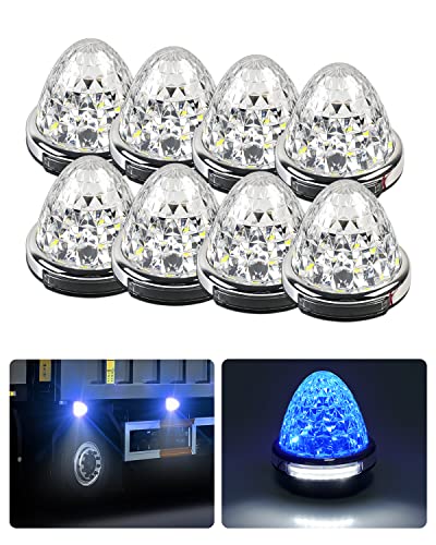 Cartist LED サイドマーカーランプ 路肩灯 両面発光 トラック専用 2023年 最新型 IP67 DC 10-50V 無極性 丸型 新型LEDマーカー 高輝度 色選択可 メッキリング 8個セット 耐高温PC素材 メッキ付き (8個セット, ブルー)