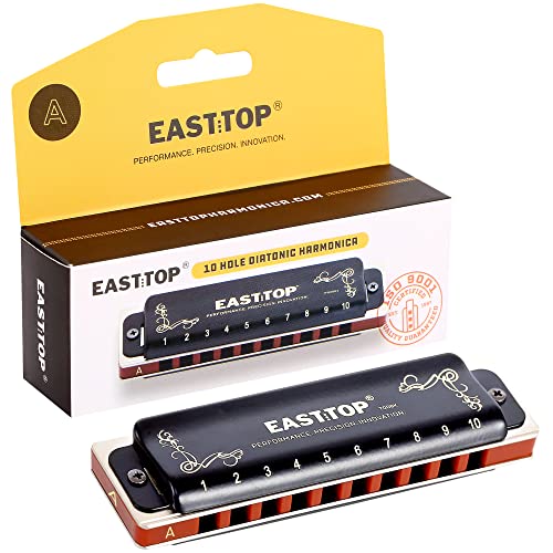 East top ハーモニカ ブルースハーモニカ 10穴ハーモニカ C調 10ホール20トーン ステンレスカバー キャンバスケース 清潔布 初心者 専門家 勉強 練習用 ダイアトニックハーモニカ(T008K-BK-Bb)