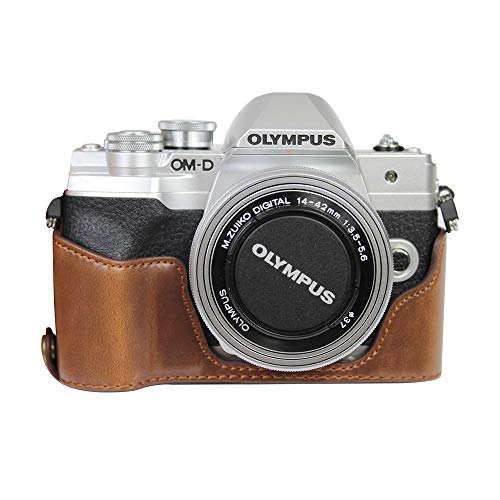 対応 Olympus オリンパス PEN OM-D EM10 Mark IV カメラ バッグ カメラ ケース 、Koowl手作りトップクラスのPUレザーカメラハーフケース、Olympus オリンパス PEN OM-D EM10 Mark IV 一眼カメラケース、防水、防振、携帯型、透かし彫りベース＋ハンドストラップ（カメラ