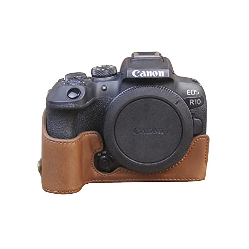 Koowl 対応 Canon キヤノン EOS R10 カメラ バッグ カメラ ケース 、Koowl手作りトップクラスのPUレザーカメラハーフケース、一眼カメラケース、防水、防振、携帯型、透かし彫りベース＋ハンドストラップ (コーヒー色, PU)