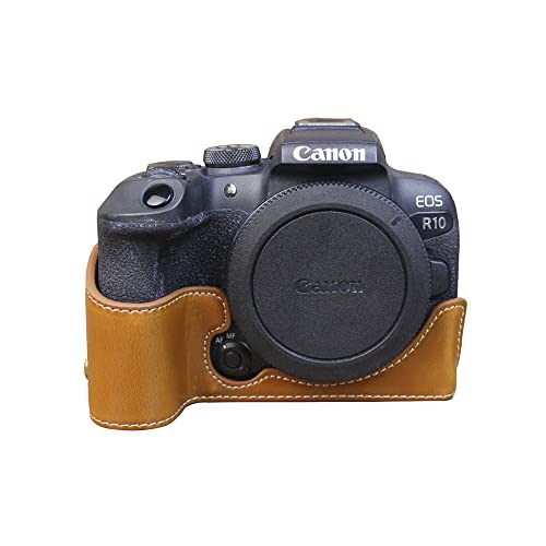 Koowl 対応 Canon キヤノン EOS R10 カメラ バッグ カメラ ケース 、Koowl手作りトップクラスのPUレザーカメラハーフケース、一眼カメラケース、防水、防振、携帯型、透かし彫りベース＋ハンドストラップ (ブラウン, PU)