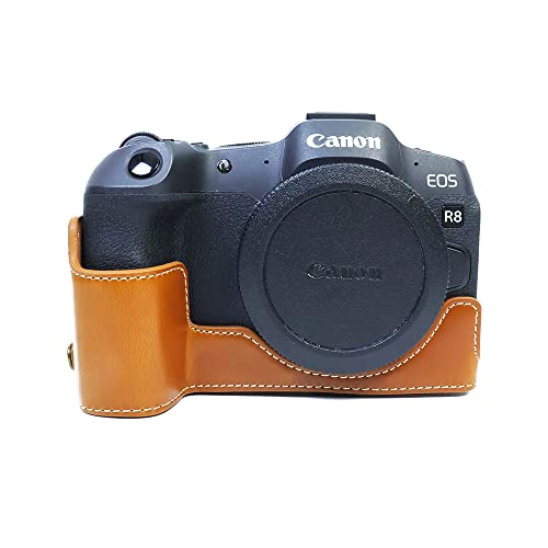 Koowl 対応 Canon キヤノン EOS R8カメラ バッグ カメラ ケース 、Koowl手作りトップクラスのPUレザーカメラハーフケース、一眼カメラケース、防水、防振、携帯型、透かし彫りベース＋ハンドストラップ（カメラストラップ） (ブラウン)