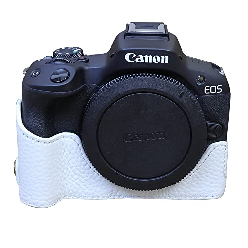 Koowl 対応 Canon キヤノン EOS R50/R100 カメラ バッグ カメラ ケース 、Koowl手作りトップクラスの牛革カメラハーフケース、一眼カメラケース、三脚設置でき、携帯型、透かし彫りベース＋ハンドストラップ（カメラストラップ） (ホワイト, 本革)