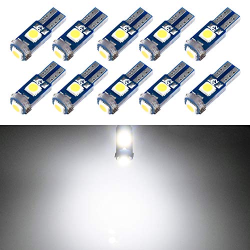 商品情報商品の説明■ 製品仕様 ☆ 口金タイプ：T5 ☆ 発光色：ホワイト ☆ LEDチップ：3030SMD ☆ LEDチップ数：3連 ☆ 対応電圧：DC 12V ☆ 電流：0.083A ☆ 消費電力：1W ☆ サイズ（約） ：全長17.5mm 最大直径6mm 差込口幅5mm ☆ パッケージ内容：LEDバルブ×10 ☆ 用途：メーター球、パネル球、エアコン球、ダッシュボードランプ、等々。 ■ 標準型番対応 純正バルブの標準型番を対応、取り付け簡単・便利です。 ■ 高輝度&省エネ 高輝度3030SMDチップ3連搭載、360°無死角照射、均一?高効率の発光特典を持って、普通のチップと比べ発光率はアップします。 ■ 放熱性に優れ 耐久性?耐熱性に優れた厚いガラス繊維基板を採用し、効率よく放熱を促進します。LEDの性能を確保でき、長時間の使用にも耐え、安定した発光が可能です。 ※ ご注意： LEDは極性（プラス・マイナス）があるので、点灯しない場合は逆に差し替えてください。 車両によりスペースが異なりますので、サイズを必ず測りお取付ください。 撮影環境や撮影角度によっては、実際の効果が異なります。予めご了承ください。 万が一不良品があり、交換をご希望の場合は、1797の出品者に直接連絡くださいませ、誠実にご対応させて頂きます。主な仕様 【口金形状】T5。純正バルブの標準型番を対応、取り付け簡単・便利です。br【高輝度&省エネ】高輝度303SMDチップ3連搭載、360°無死角照射、しっかり明るい均一で自然なあかりを実現！br【耐熱抜群&長寿命】耐久性?耐熱性に優れた厚いガラス繊維基板を採用し、効率よく放熱を促進します。LEDの性能を確保でき、長時間の使用にも耐え、安定した発光が可能です。br【製品仕様】発光色：ホワイト / LEDチップ：3030SMD / 対応電圧：DC 12V / 電流：0.083A / 消費電力：1W / サイズ（約） ：全長17.5mm 最大直径6mm 差込口幅5mm。br【製品用途】メーター球、パネル球、エアコン球、ダッシュボードランプ、等々。