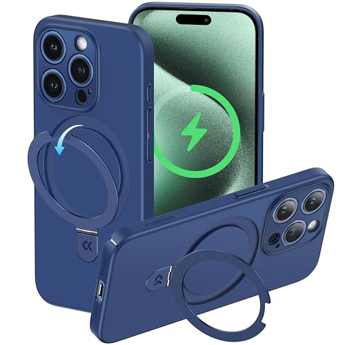 【極薄！機能充実】CASEKOO iPhone 15 Pro 用 ケース Magsafe対応 隠しスタンド 全面保護 スリム 薄型 ストラップホール付き 携帯カバー ワイヤレス充電対応 アイフォン 15 プロ 用 ケース ブルー