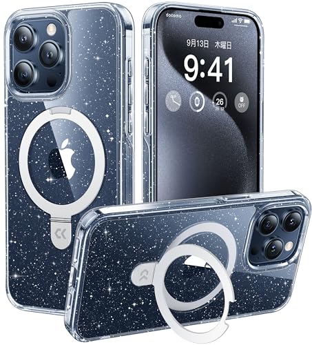 CASEKOO iPhone 15 Pro 用 ケース クリア 黄変防止 Magsafe対応 耐衝撃 MIL規格 滑り止め リング付き ストラップホール付き ワイヤレス充電 アイホン 15 プロ カバー スマホケース（ラメ入りクリア）