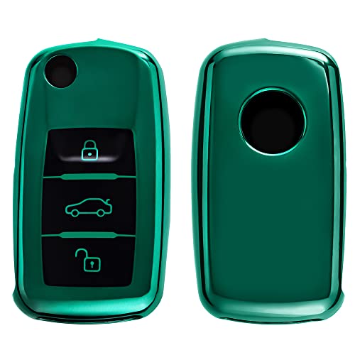 楽天PLAYS REGALkwmobile 対応: VW Skoda Seat 3-ボタン 車のキー キーケース - キーカバー 鍵カバー TPU 光沢仕上げ - 車鍵 耐衝撃 保護 深緑色
