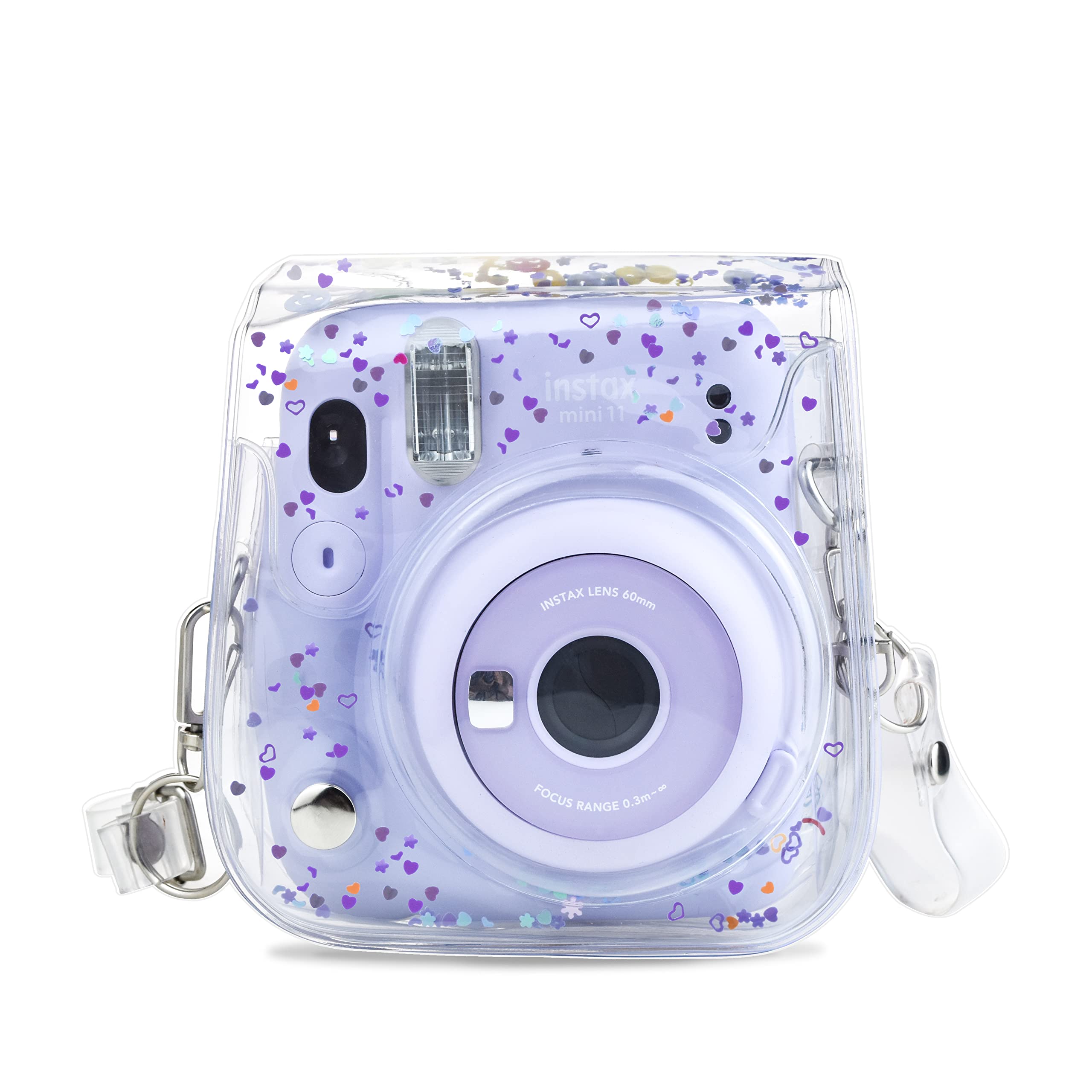 HIYQIN チェキケース,FUJIFILM instax mini 12/11/9/8+/8ケース 可愛いカメラバッグ ショルダーストラップ付き PVC透明（パープルハート）