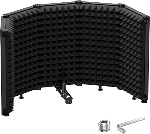 Moukey リフレクションファイルター マイク分離シールド 防音カバー 折り畳み式 吸音材 五つ折り ABS樹脂 軽量 高密度吸音材 卓上設置 録音放送用 3/8"&5/8"のネジ式マウント付 ブラック MPFBK5 (五つ折り)