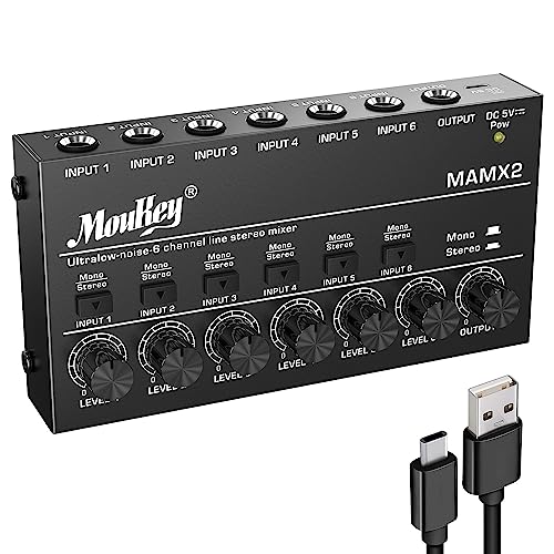 Moukey オーディオミキサー 6チャンネル usb DC 5V超低ノイズ サブミキシング用 ラインミキサー 小型ミニオーディオミキサー クラブ/バー/マイク/ギター/ベース/キーボード/ステージミキサーに適用 MAMX2