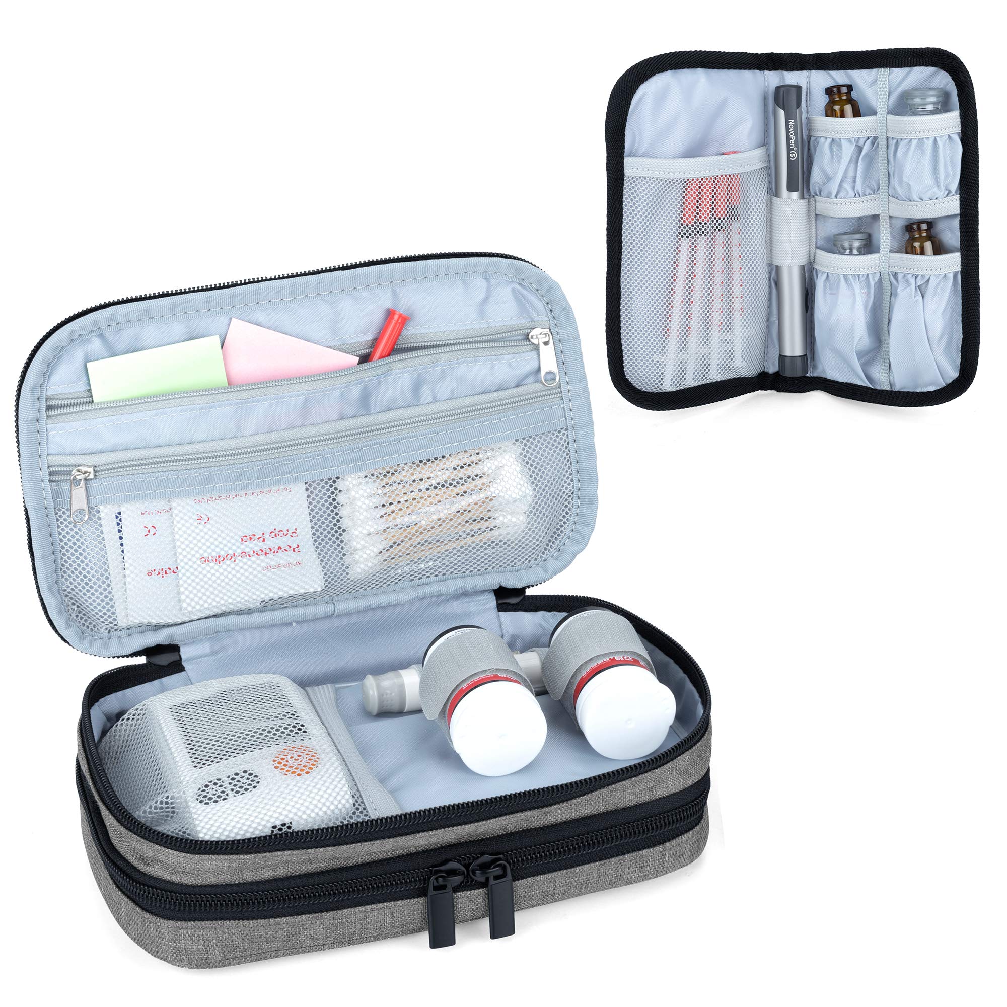 商品情報商品の説明（バッグのみの商品です。医療器具は含まれておりません。）主な仕様 【素材】丈夫なナイロン（外装）、クッション材（中身）、アルミシート（第二層の内装）（バッグのみの商品です。医療器具と冷却剤は含まれておりません。）br【収納力】第一層には血糖値測定器、穿刺器具、穿刺針、センサー、消毒綿などの血糖測定用品を収納します。第二層には保冷剤、インスリンペン、注射針などのインスリン注射用品を収納します。br【特徴】マジックテープとゴムバンドはペン型の器具を固定して、取り出しも簡単です。br【寸法】外寸：22cm x 14cm x 7.5cm、内寸：21cm x 12cm x 3cm（第一層と第二層）br【便利】普段使いも、外出の際にも一式収まるコンパクトなポーチです。取り外し可能なハンドルも付いています。