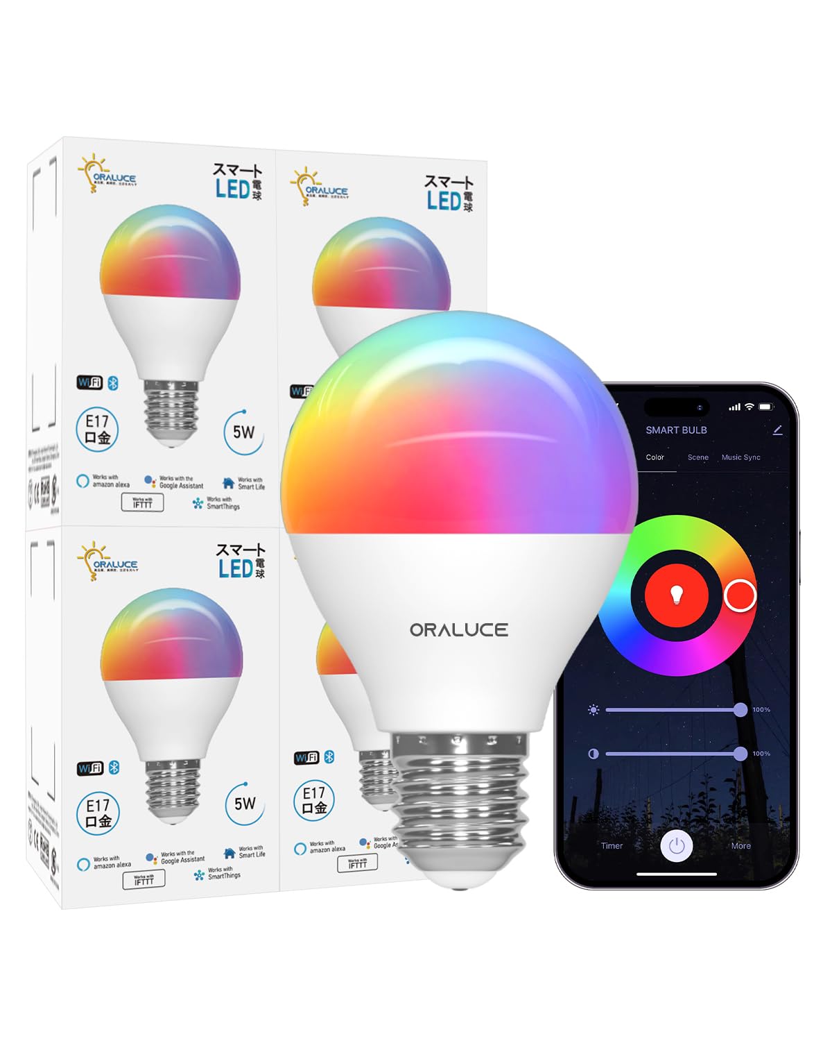 ORALUCE ޡ LEDŵ E17 40W ĴĴ ޡȥ饤 ޥ顼 1600RGB 򿧡ŵ忧 Alexa/Google Homeб ϥ  谷 4 LDA5F-E17/4P