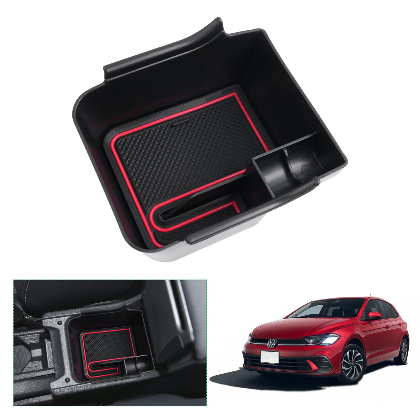 【GAFAT】フォルクスワーゲン ポロ AW型 6代目 2018年~現行 polo mk6 車用収納ボックス 収納ボックス ポロ aw コンソールトレイ 内装パーツ w*v ポロ アクセサリー センターコンソールボックス 外付コンソールボックス コイン収納 小物入れ 滑り止め (レッド)