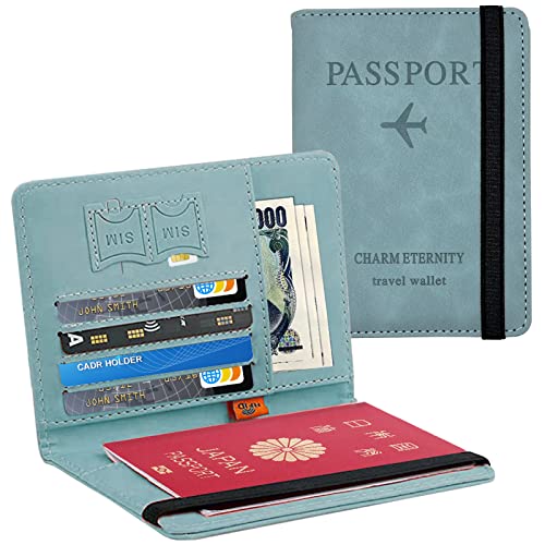 [Hueapion] パスポートケース スキミング防止 パスポートカバー 多機能収納ポケット パスポート カードケース ラベルウォレット 高級PUレザー 軽量 コンパクト おしゃれ 海外旅行 旅行用品 透明パスポートカバー付き (ライトブルー)