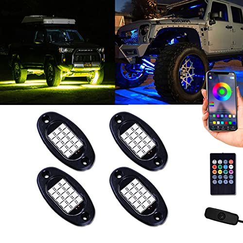 MOREFULLS LED アンダーライト 車 RGB ロックライト ライトキット 4個セット 車用 音楽同期 ブレーキライト 多色 アプリ Bluetoothコントロール リモコン付き ボタンスイッチ付き 多機能 車外…