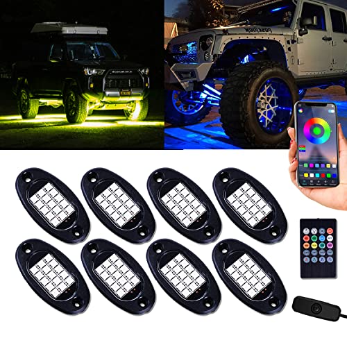 MOREFULLS LED アンダーライト 車 RGB ロックライト ライトキット 8個セット 車用 音楽同期 ブレーキライト 多色 アプリ Bluetoothコントロール リモコン付き ボタンスイッチ付き 多機能 車外…