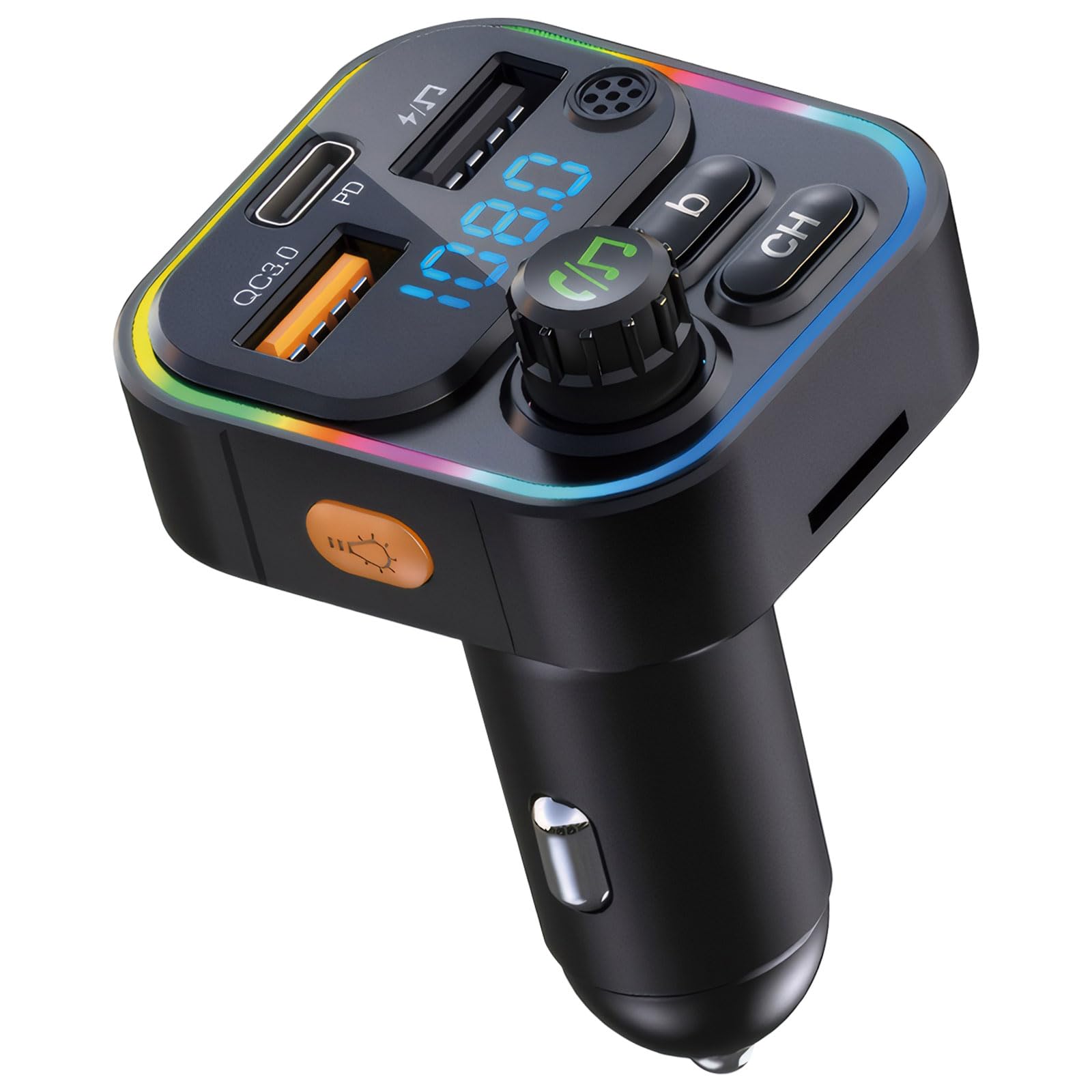 Ninonly FMトランスミッター Bluetooth5.0 車載充電器 FM transmitter 音楽再生 ーチャージャー ハンズフリー通話 電圧測定 microSDカード USBメモリ対応 12-24V車に適応 取り付け不要 7色変換ライト デジタル表示