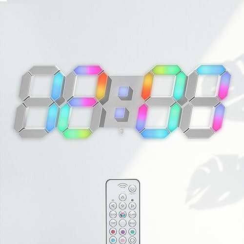 KOSUMOSU 多色デジタル時計 7色LED時計 RGB置き時計 ネオン壁掛け時計 明るさ調整可能な時計 15インチリモコン付き 時間表示(12/24時間)/日付/温度(度/?) アラーム機能ACD-215C…