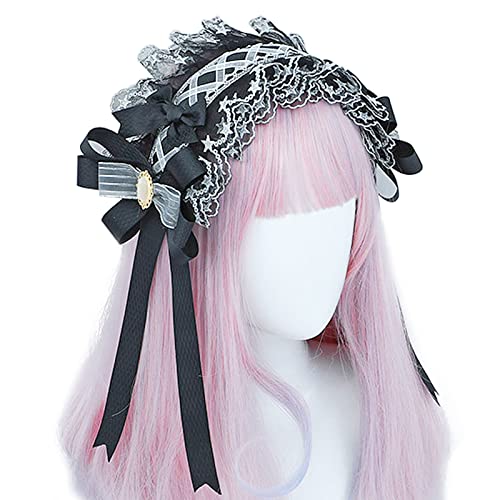 Sitengle ヘッドドレス ロリータ ゴスロリ 髪飾り カチューシャ ヘアアクセサリー レース リボン 蝶結び ヘアクリップ付き かわいい メイドカフェ lolita (黒)