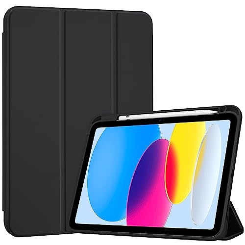 ProCase iPad 10世代 ケース 2022 10.9インチ A2696 A2757 A2777 ペン収納 弾性のあるTPUバック 耐衝撃 三つ折り スタンド スマートカバー（ブラック）