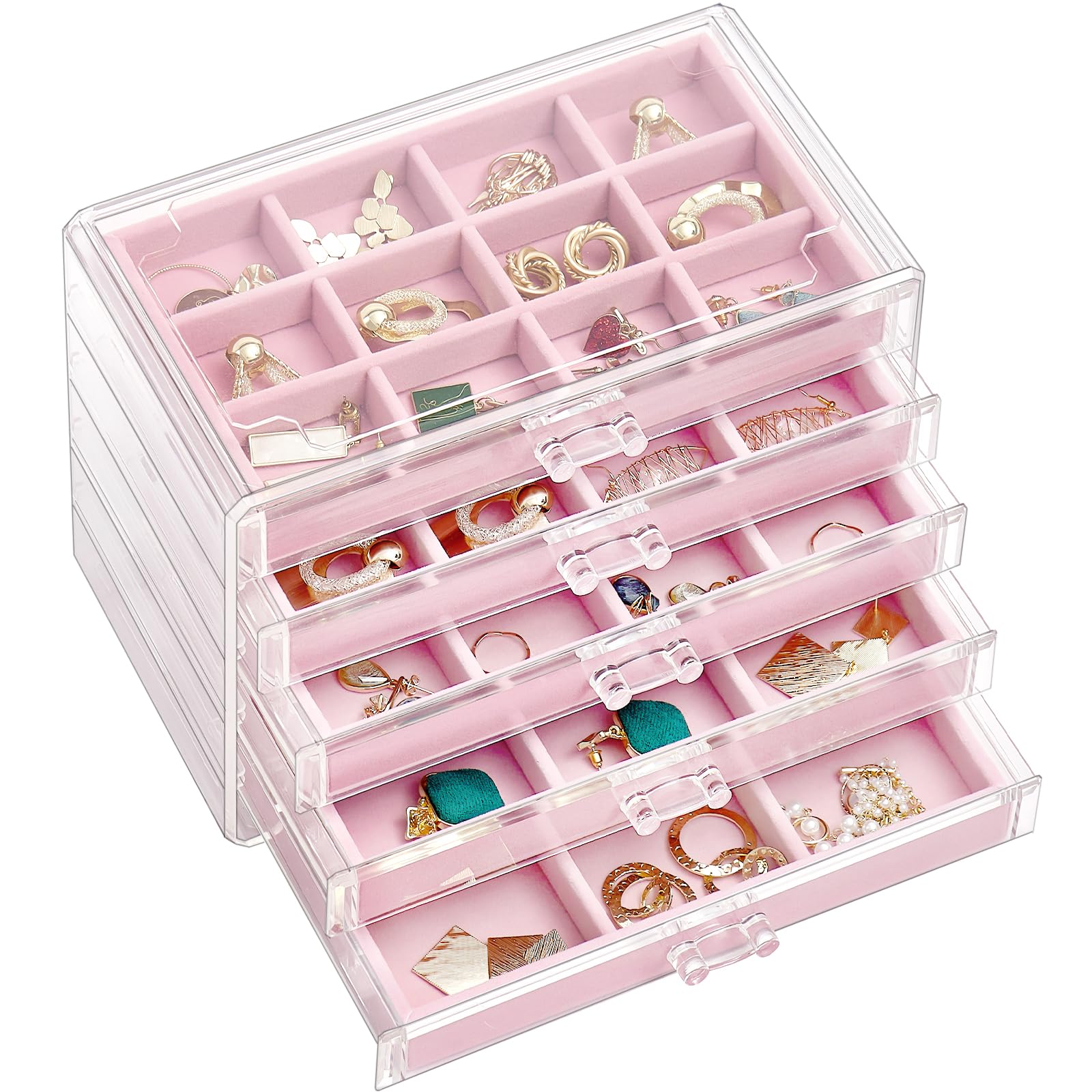ProCase ジュエリーボックス 5層 ジュエリー収納 透明アクリル 引き出し 女性 女の子 宝石箱 アクセサリーケース オーガナイザー 小物入れ プレゼント-ピンク