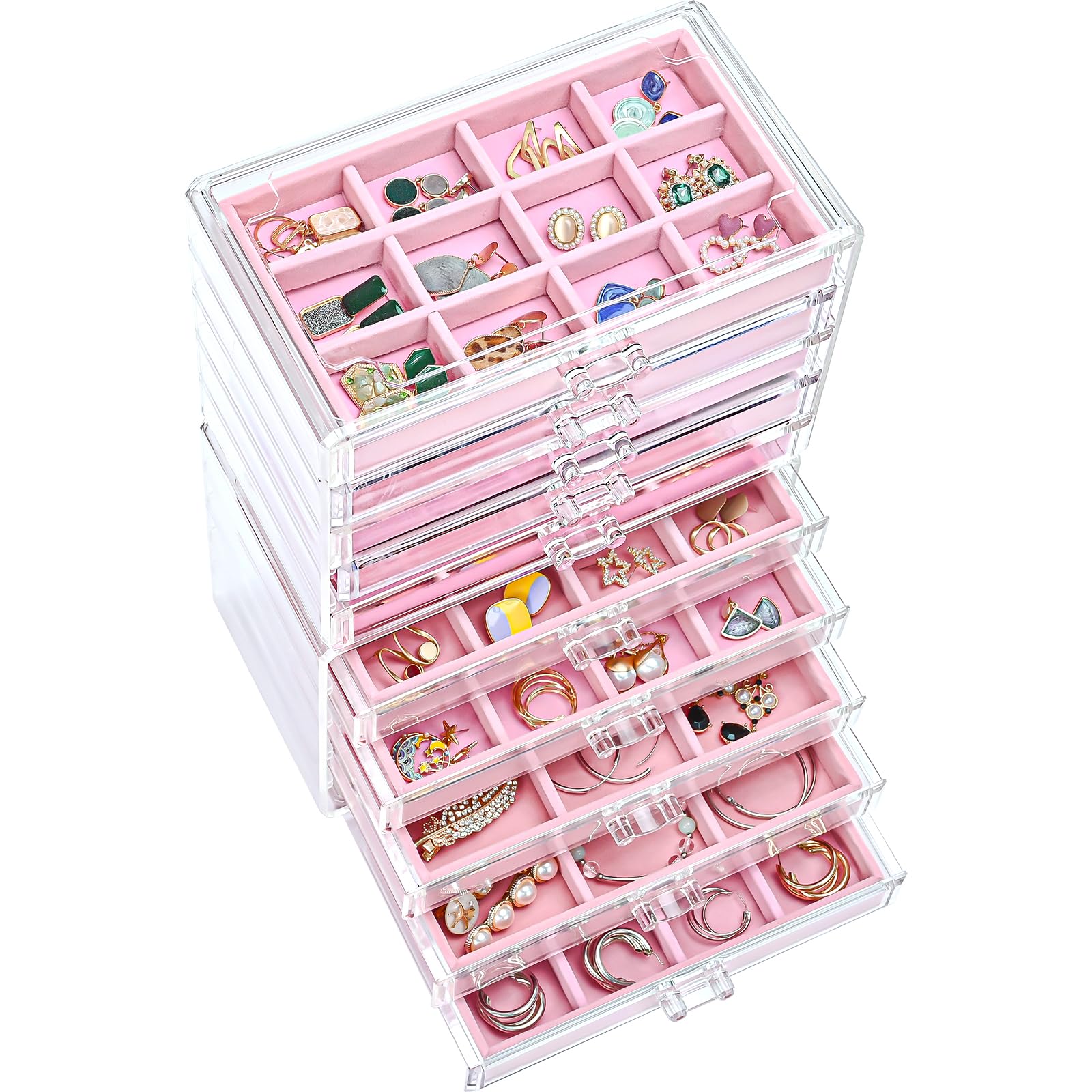 ProCase ジュエリーボックス 10層 ジュエリー収納 透明アクリル 引き出し 女性 女の子 宝石箱 アクセサリーケース オーガナイザー 小物入れ プレゼント-ピンク