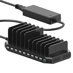 Alxum USB 充電ステーション 60W 10ポートIPad 充電スタンド QC 3.0 卓上収納 10台同時充電 スマホ卓上収納 仕切り板調整可能Android/iPhone/iPad/kindle/タブレット/PSP対応