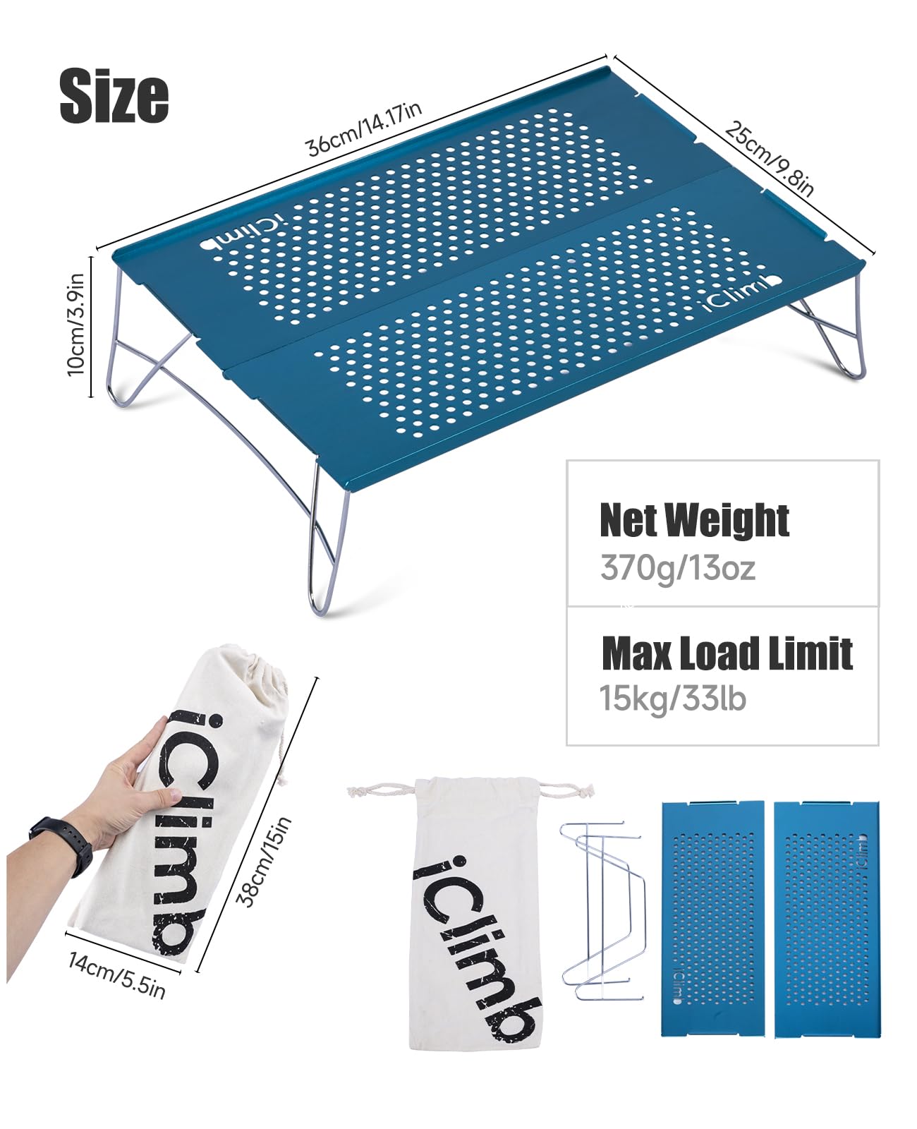 iClimb アウトドア テーブル 超軽量 折畳テーブル 天板2枚/3枚 アルミ キャンプ テーブル 耐荷重15kg ミニ バックパッカー ハイキング bbq 登山 ツーリング ソロキャンプ ポータブル コンパクトキャンパス 収納袋付き (S-天板2枚, Blue) 2
