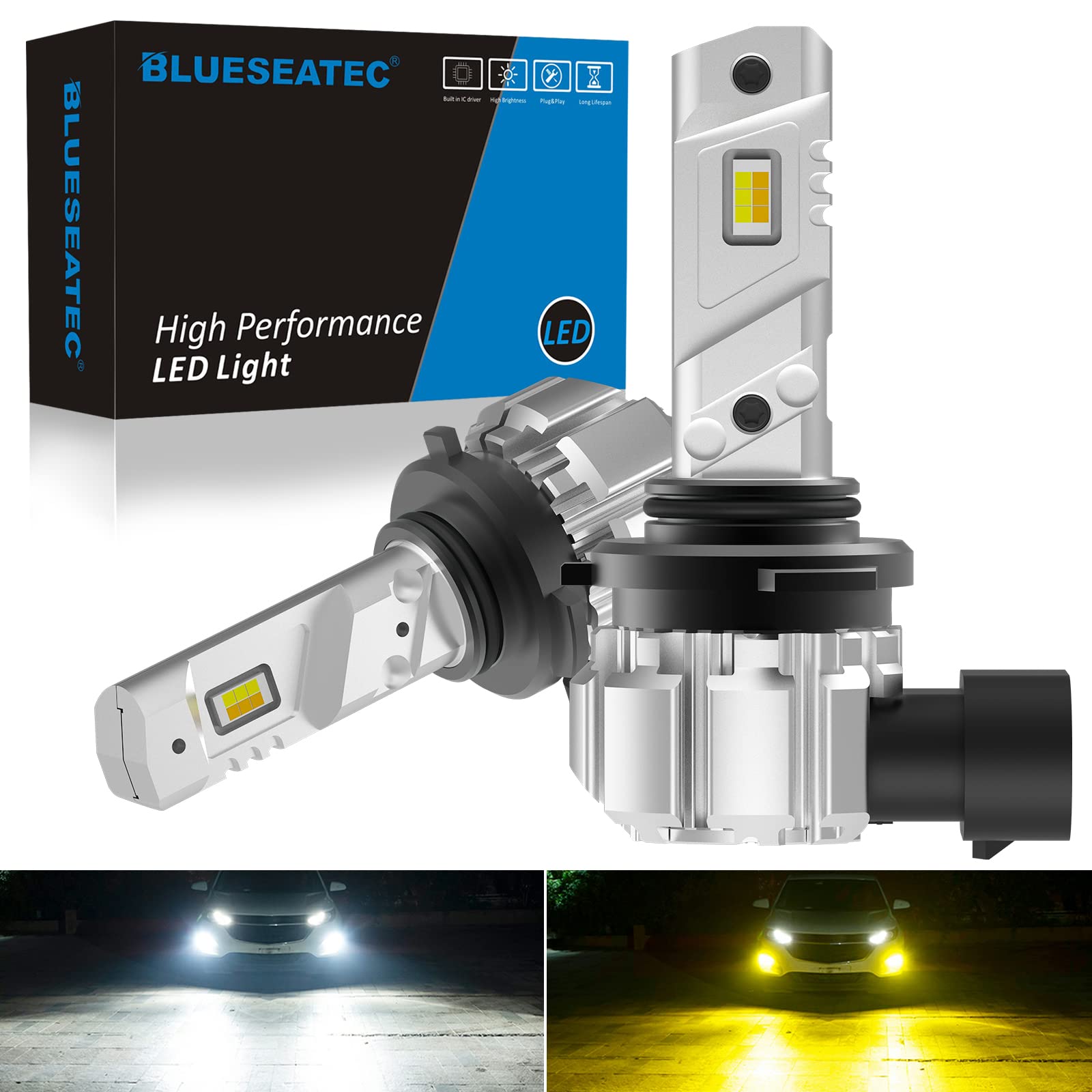 BLUESEATEC HB4 LED フォグランプ 2色切り替え 爆光 9006 led フォグランプ 6000Kホワイト 3000Kイエロー 13000LM 60W 12V/24V 車検対応 キャンセラー内蔵 ラジオノイズ対策 (2個入り)