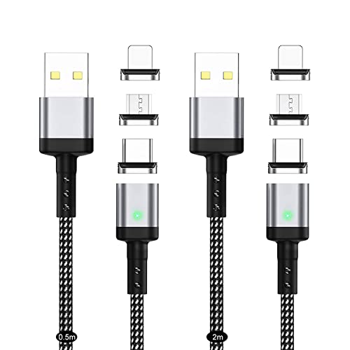 SUNTAIHO USB充電ケーブル マグネット 3A急速充電USB磁気ケーブル【2本セット/6個磁気端子】データ転送にも対応したマグネット式USB充電コード USB Type-C MicroUSB USB Type-L 磁石 防塵 着脱式 USB Magnetic Charging Cable LED付き-SYCX-001 0.5M 2M