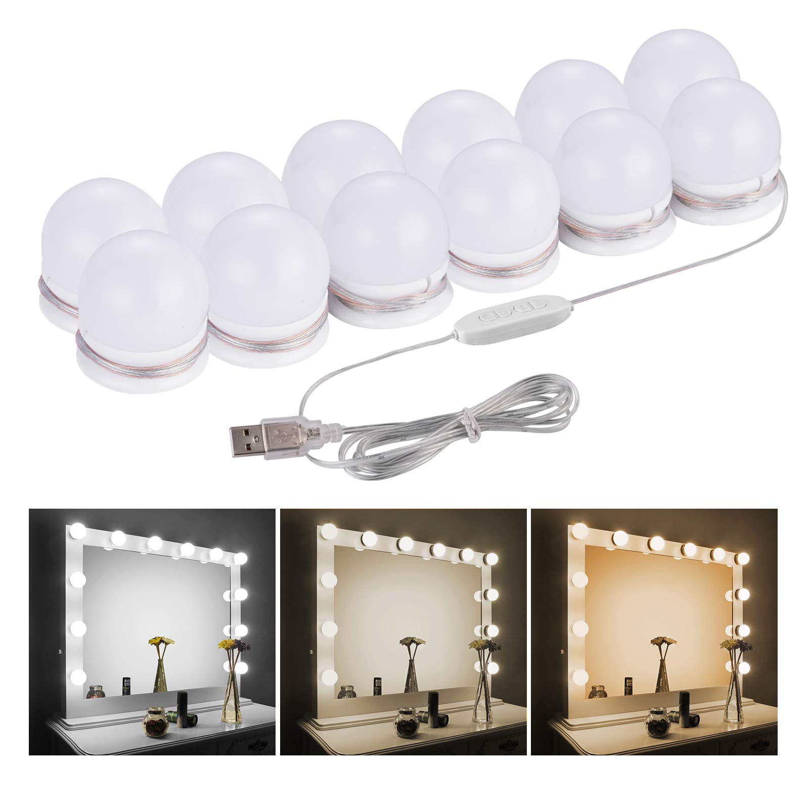 商品情報商品の説明It is waterproof, so it can be applied to vanity mirrors, dressing rooms, beauty salons and barbers. Perfect for LED lights for weddings, birthday parties, bedrooms, shop showwindows, bars, shops, restaurants, drawers, TVs, garages, etc. Specifications: Material: PC / ABS Number of LED bulbs: 12 Bulb Size: 4.5*4.5*5cm Color Temperature: 3000K, 4500K, 6500K Bulb Watts/Bulb: 0.8W Power supply: USB powered Brightness Level: 10 levels Modes: 3 (Warm White, Natural White and Cool White) Adjustable length. Features: 1. Our actress lights have 12 LED bulbs, 3 color formula, warm white, natural white and cool white, 10 levels of dimming, so you can choose the one you like. 2. The bulb can be rotated 360°, according to the size and shape of the mirror, adjust the spacing of the bulb to fit different shapes of mirrors. 3. LED reduces heat generated by the light itself, so it can be safely used in homes with infants. 4.Memory function saves time:It remembers the last setting you use it, no need to set it every time and save time. Easy Installation: 1. Before pasting, wipe off moisture, oil and dust from the adhesive surface. 2. Set the distance between each bulb and mark the location you want to install. 3. Peel off the tape on the back of the bulb and stick it and press for 30 seconds. 4. According to the Mac, rotate the next bulb 360° to wrap around the bulb with plenty of power. 3. 5. Turn on the power supply. 6. Turn on with touch switch to check the toning and dimming. Precautions for Use: 1. Use USB power adapter, USB outlet, USB mobile power, etc. 2. Denvosi LED actress lights are double sided tape with super strong adhesive. Please wipe off moisture, oil and dust before installation. 3. When pasting, press each bulb for 30 seconds. And it is best to use after 24 hours. 4. This LED mirror light does not include mirror. Thank you for your understanding. We inspect each LED mirror light carefully before shipping out. In the event that you are not satisfied or defect from the product, please contact us through purchase history with your order number.主な仕様 ?【12個高品質LED電球女優ライト】電球は360°回転ができ、鏡の大きさと形を合わせて電球の間隔を調整し、様々な形の鏡に適用できます。もっと可愛いメイクアップができ、もっと美しい自分と出会いましょう！br?【10段階明るさ調節、三色調光】ウォームホワイト、ナチュラルホワイトとクールホワイト三つの調色方案があり、自由に10段階調光ができ、目に優しいし、気分と好きなメイクの雰囲気によって気に入った方案を選べれます。br?【USB給電＆省エネ】USB接続で、USB電源アダプタ、パソコン、USBモバイルパワーなどを簡単に給電できます。一つの電球は0.8ワットだけ、弱い電流なので安心で使えます。br?【簡単に取り付け、幅広い応用】接着面を清潔して、初期装着してる強粘着力の両面テープのはくり紙を剥がして、電球を回して好きな長さを調整され、貼るだけで完成です。穴を開ける必要はありません。スペア両面テープも10個があって、とても便利です。そして、鏡だけではなく、飾りとして、滑らかな所を貼っても良かったです！（日本語取扱書付き）br?【品質＆保証】弊社は一つ一つのLEDミラーライトの発送する前に丁寧で検査致します。万が一製品から不満や不具合があった場合がございましたら、注文番号を添えて購入履歴から弊店までご連絡ください。