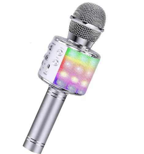 ShinePick カラオケマイク Bluetooth マイク 録音可能 ワイヤレスマイク ノイズキャンセリング エコー機能搭載&伴奏機能 無線マイク 音楽再生 多彩LEDライト付き 家庭カラオケ Android/iPhoneに対応 (silver)