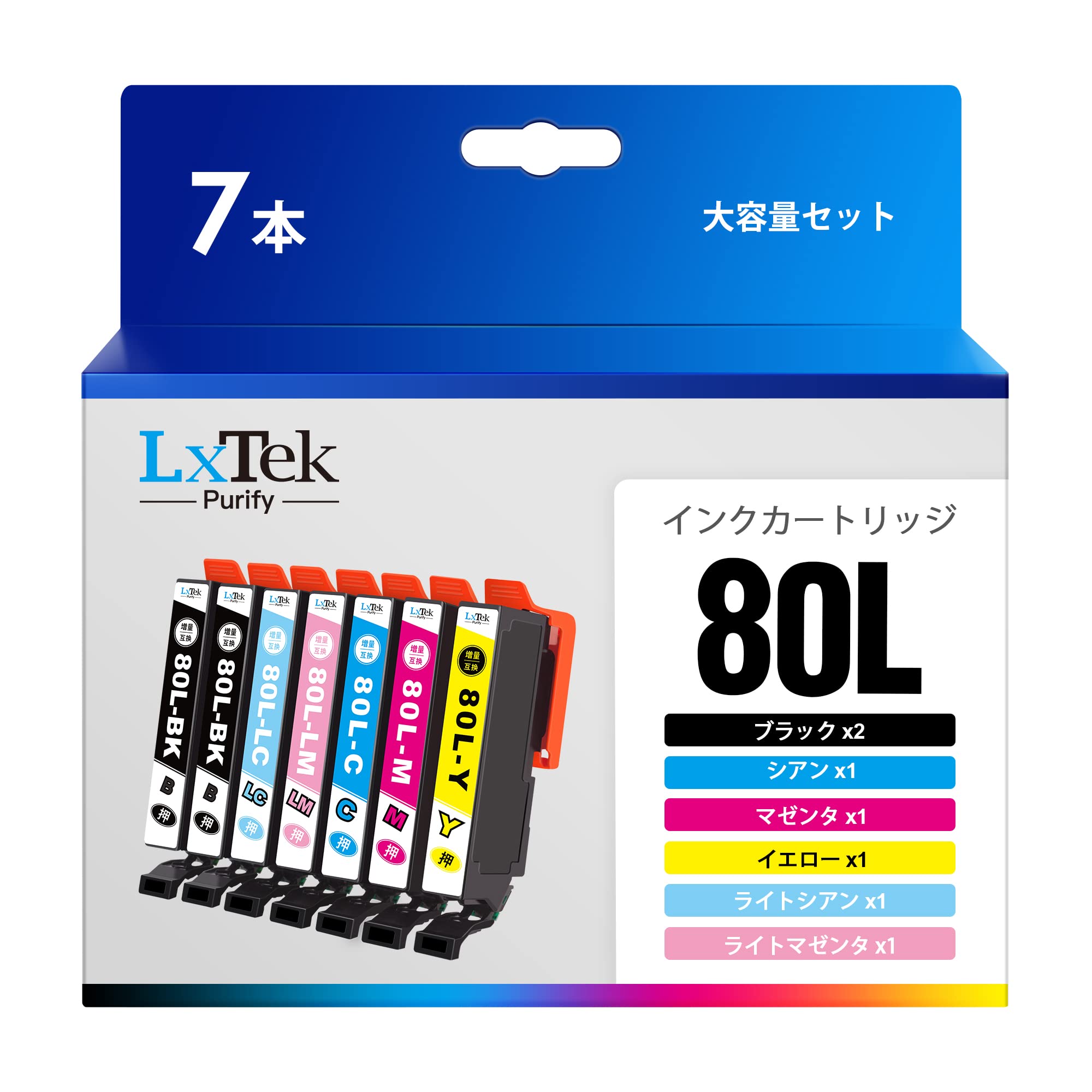 LxTek Purify IC6CL80L 7本セット (6色セット+黒1本) 互換インクカートリッジ エプソン (Epson) 対応 80L とうもろこし インク 対応型番: EP-982A3 EP-707A EP-708A EP-777A EP-807 EP-808 EP-907F EP-977A3 EP-978A3 EP-979A3 大容量/説明書付/残量表示/個包装