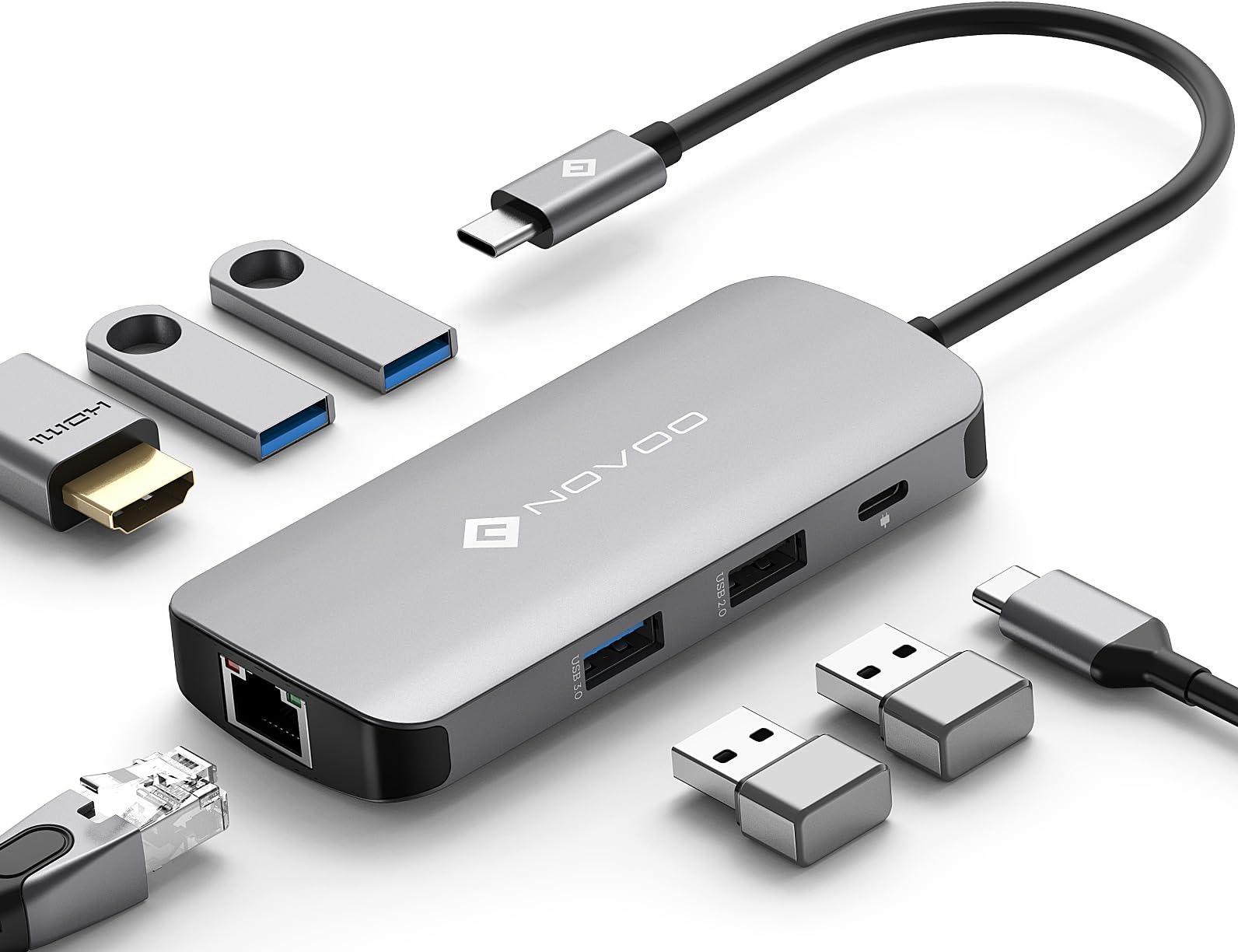 NOVOO 7-in-1 4K@60Hz HDMI USB C 3.0 nu Type-C A_v^[ 4K@60Hz HDMI / 3*USB-A 3.0+USB-A 2.0 / MKrbgC[Tlbg / PD100W }[d^Cv C nu MacBook Air Pro Rog Ally Dell XPS HP Surface Go Galaxy S21 Xperia 5ȂǂɑΉ