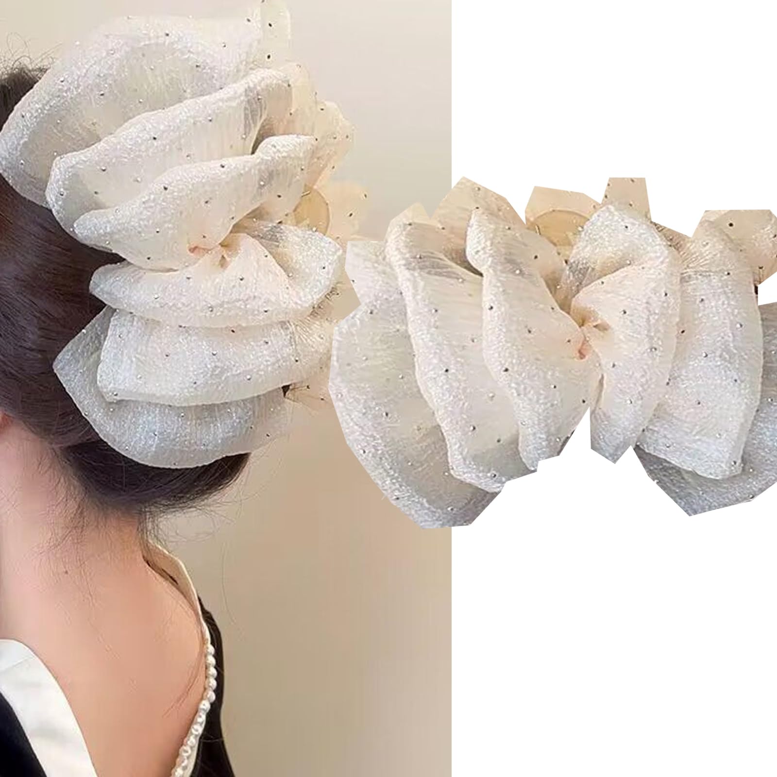 HAPVITAL フリル リボン バンスクリップ 大きめ 可愛い ヘアクリップ 大人っぽい ヘアアクセサリー フリル リボン バンスクリップ 大きめ 可愛い ヘアクリップ 大人っぽい ヘアアクセサリー (オフホワイト)