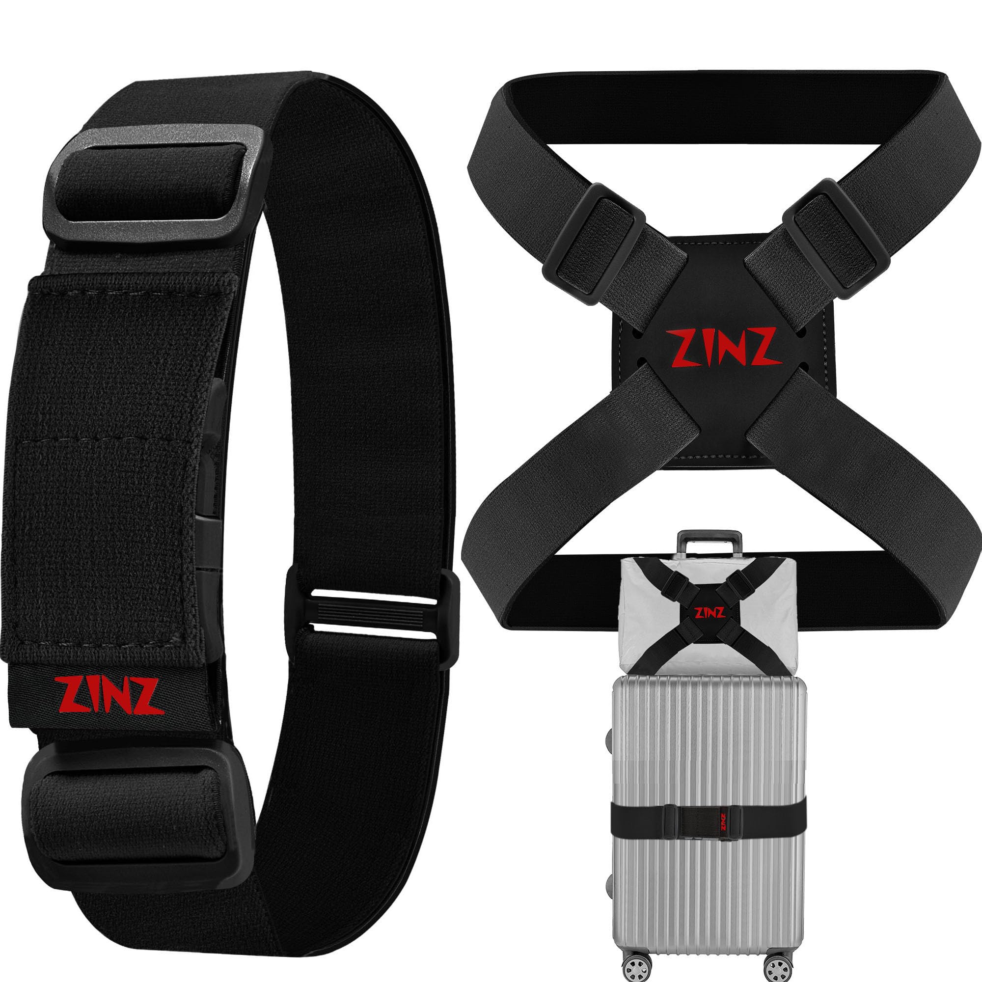 ZINZ 旅行便利グッズ バッグとめるベルト 多用 調整可能 軽量 荷物用弾力固定ベルト ずり落ち防止 ，黒赤セット