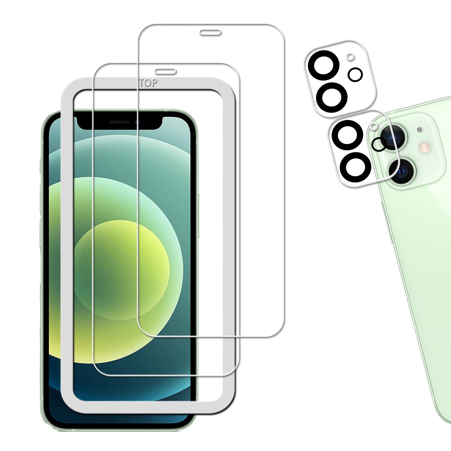 【ガイド枠付き 2+2枚セット】KPNS 日本素材製 強化ガラス iPhone12 mini 用 ガラスフィルム カメラフィルム カバー 保護フィルム
