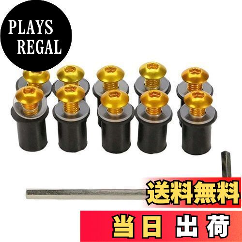 LOYELEY スクリーンボルト 10個セット M5 5mm ボルト ウェルナット 風防ネジ ウインドスクリーン カウルやスクリーンの固定 ワッシャー・六角レンチ付き カヤック オートバイ バイク用 (ゴールド)