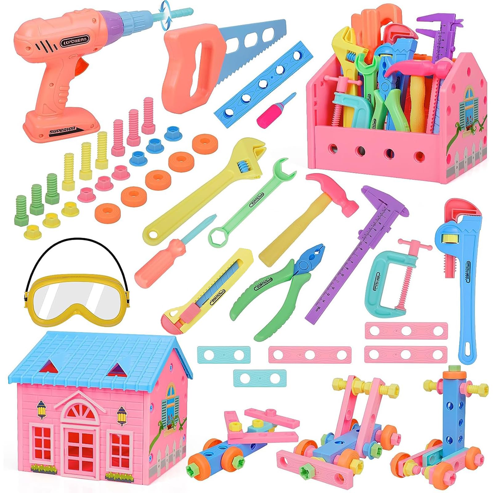 AMYCOOL 組み立て おもちゃ 大工さんごっこ 男の子 女の子 ツールセット 建物 ツールボックス カラフル プレゼント ランキング 知育玩具 教材 誕生日 プレゼント 贈り物 クリスマス 入園祝い (ピンク)