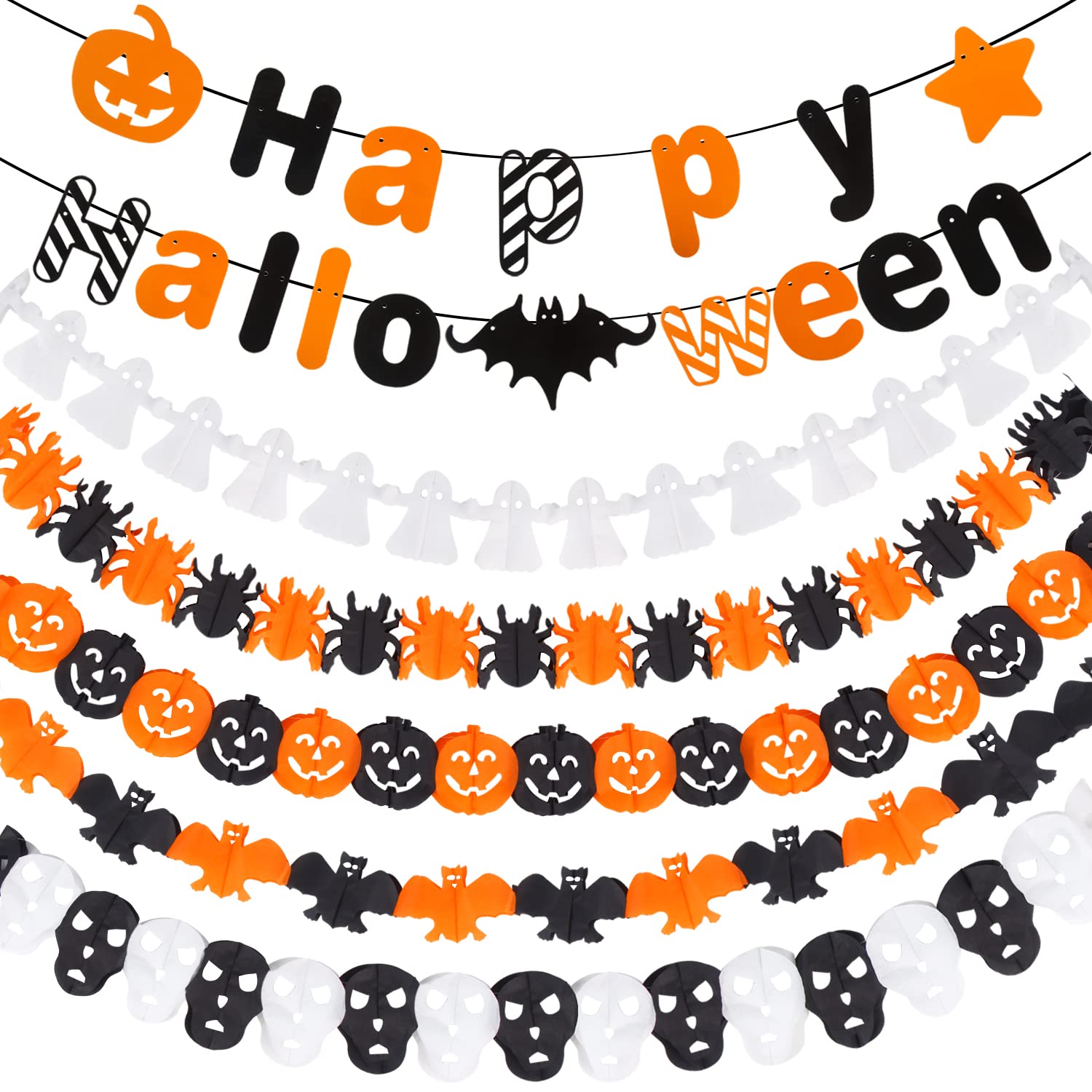 【送料無料】DERAYEE ハロウィン ガーランド ハロウィン飾り 飾り付け 6点セット 装飾 デコレーション 紙製 幽霊 かぼちゃ ゴースト コウモリ クモ (ガーランド)