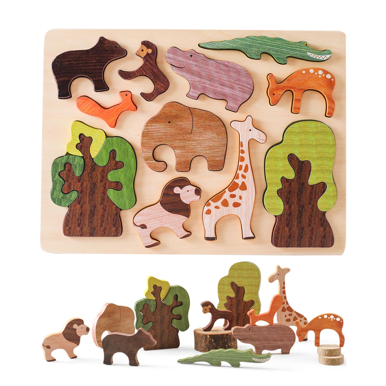 Wooden Teether 形合わせ 木製パズル パズル おもちゃ 動物パズル 11点 はめ込みパズル 型はめ ピックアップパズル 森と動物 積み木 知育玩具 モンテッソーリ 木製おもちゃ 動物学習 動物認知 …