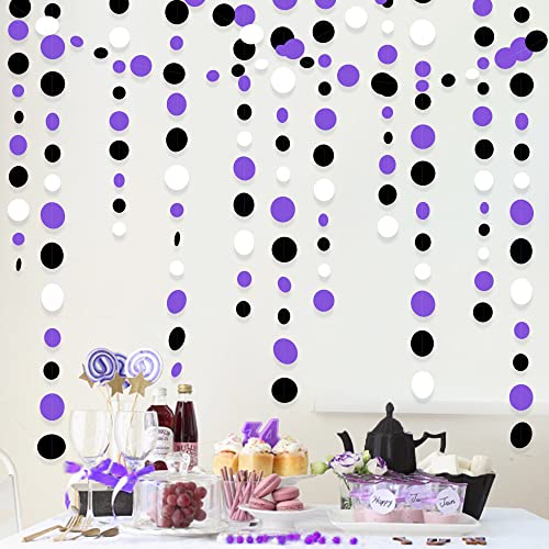 PinkBlume 紫の黒と白 サークル ドット ガーランド 約14m長 パープル 丸形 花輪 バナーパーティー 飾り 赤ちゃんの 100日祝い 装飾 結婚式吊り飾り 誕生日 卒業 ハロウィン パーティ デコレーション用品