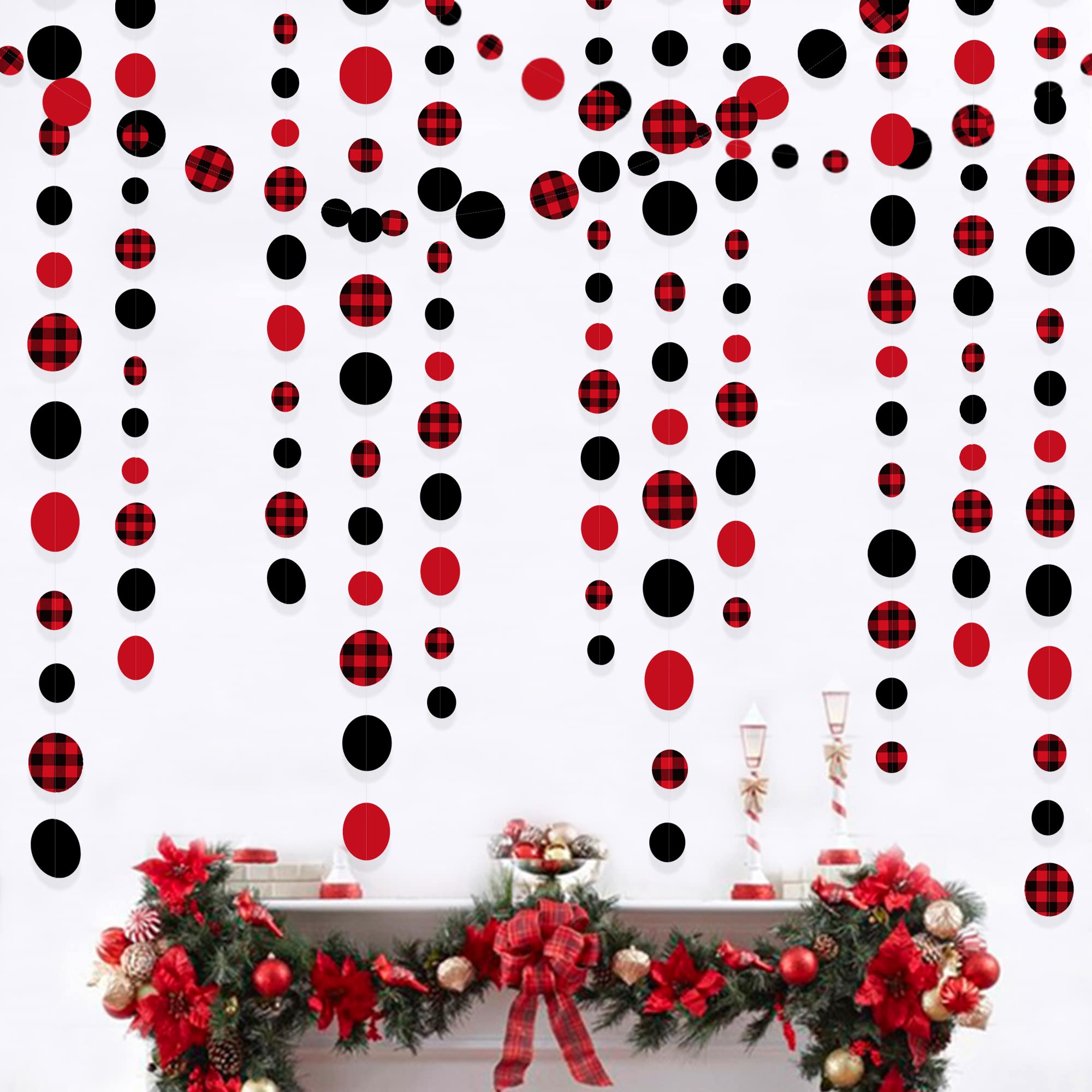 PinkBlume 赤と黒の格子縞サイズの サークル ドット 紙ガーランド 約14m長 クリスマスレッドブラック バッファローチェックポルカドット ホオジロ 花輪バナー パーティーの装飾 結婚式吊り飾り 誕生日 飾り付け ハロウィンパーティーデコレーション用品