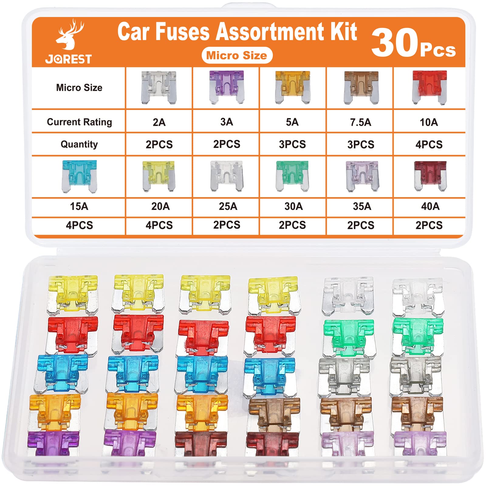 JOREST 30個車ヒューズ、車/トラック/オートバイ用(2A 3A 5A 7.5A 10A 15A 20A 25A 30A 35A 40A)、低背平型ヒューズ