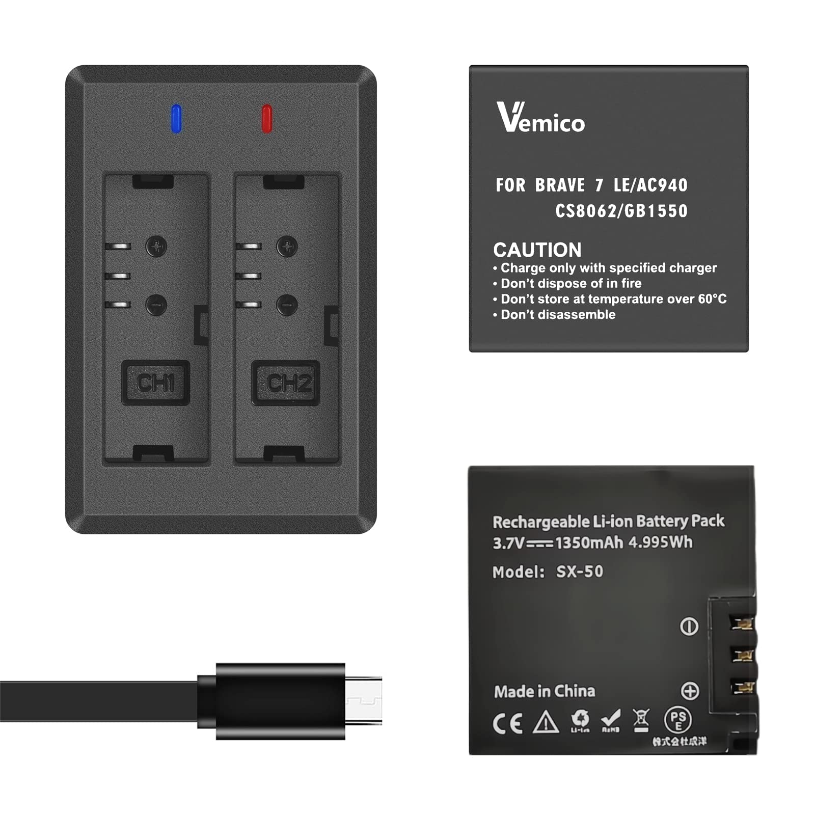 Vemico アクションカメラ バッテリー 2 1350mAh Brave 7 Le 互換バッテリー 充電器セットMirco USB チャージャー 対応機種Akaso Brave7 LE/Victure AC940/XTU Max/X1/S3/Victure CS8062/KB KBA12078/WOLFANG GB1550/Rollei Actioncam 6S plus/8S plus