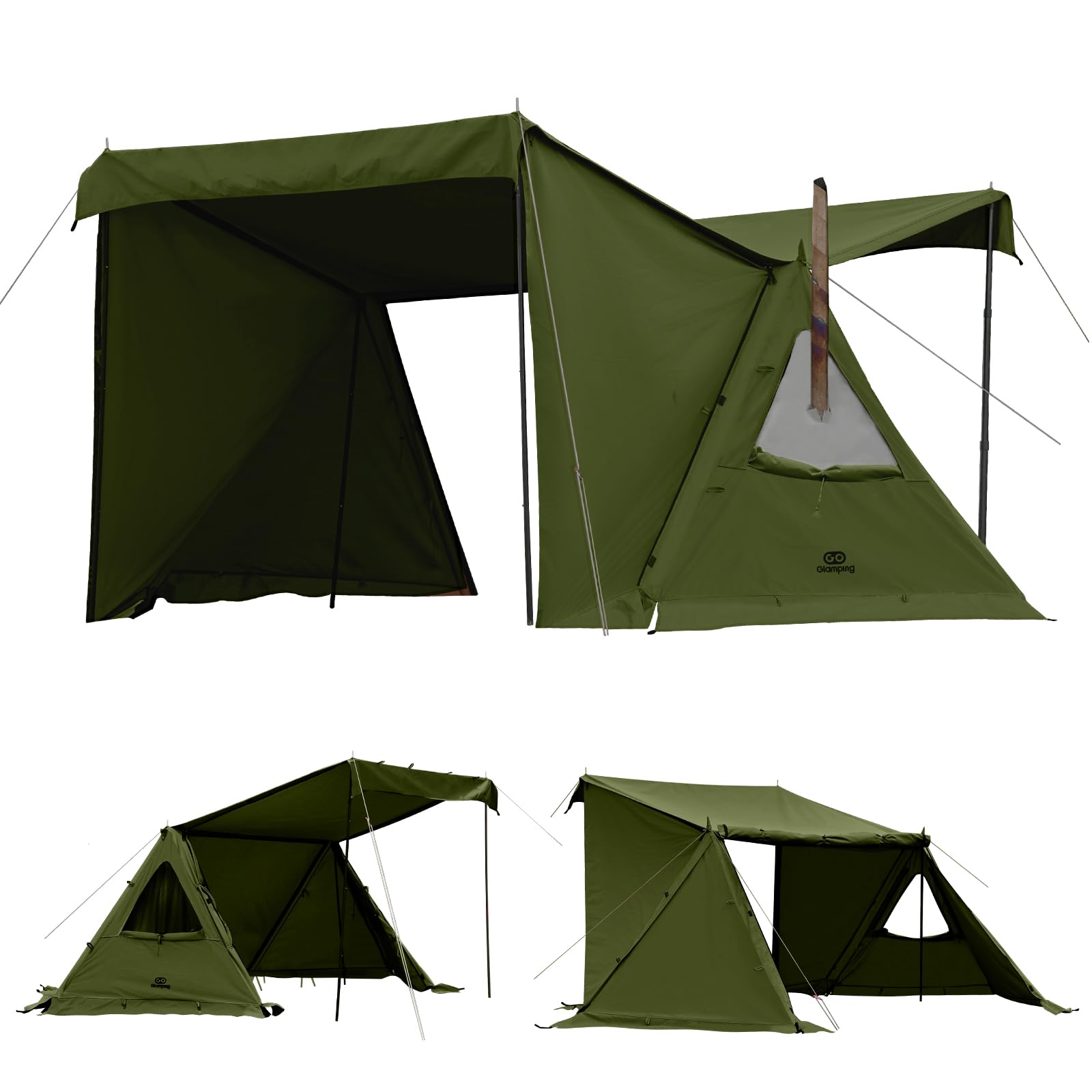 GOGlamping G G PUP 2.0パップテントTC 1人用 【メッシュ/耐熱シート三角窓】 ソロテント ポリコットンテント【アルミポール スカート付き】軍幕 ミリタリー 焚き火可 難燃 遮光 日よけ 撥水 多機能 薪ストーブが使える 前後開閉可能 炎幕 コンパクト ソロ用キャンプテ