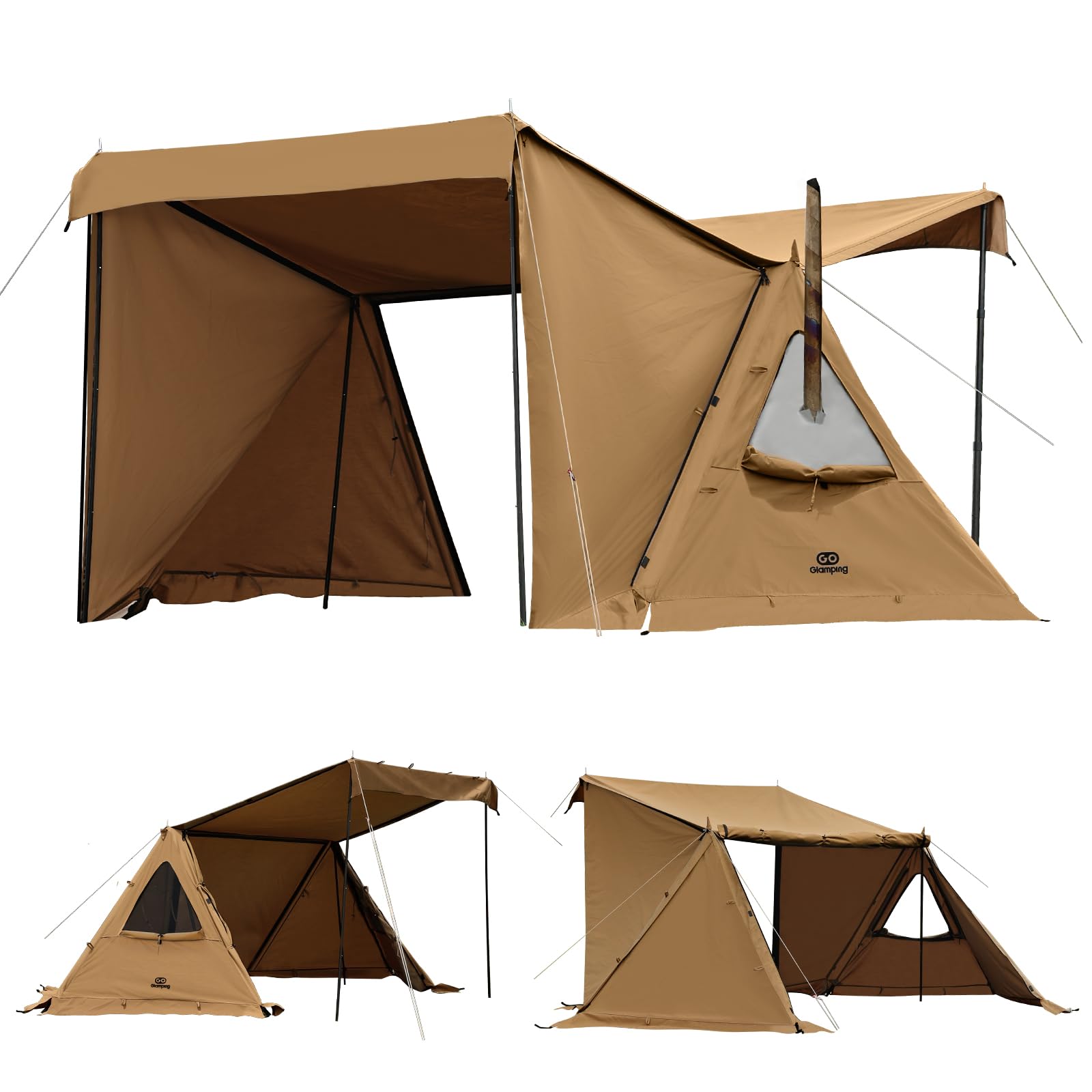 GOGlamping G G PUP 2.0パップテントTC 1人用 【メッシュ/耐熱シート三角窓】 ソロテント ポリコットンテント【アルミポール スカート付き】軍幕 ミリタリー 焚き火可 難燃 遮光 日よけ 撥水 多機能 薪ストーブが使える 前後開閉可能 炎幕 コンパクト ソロ用キャンプテ