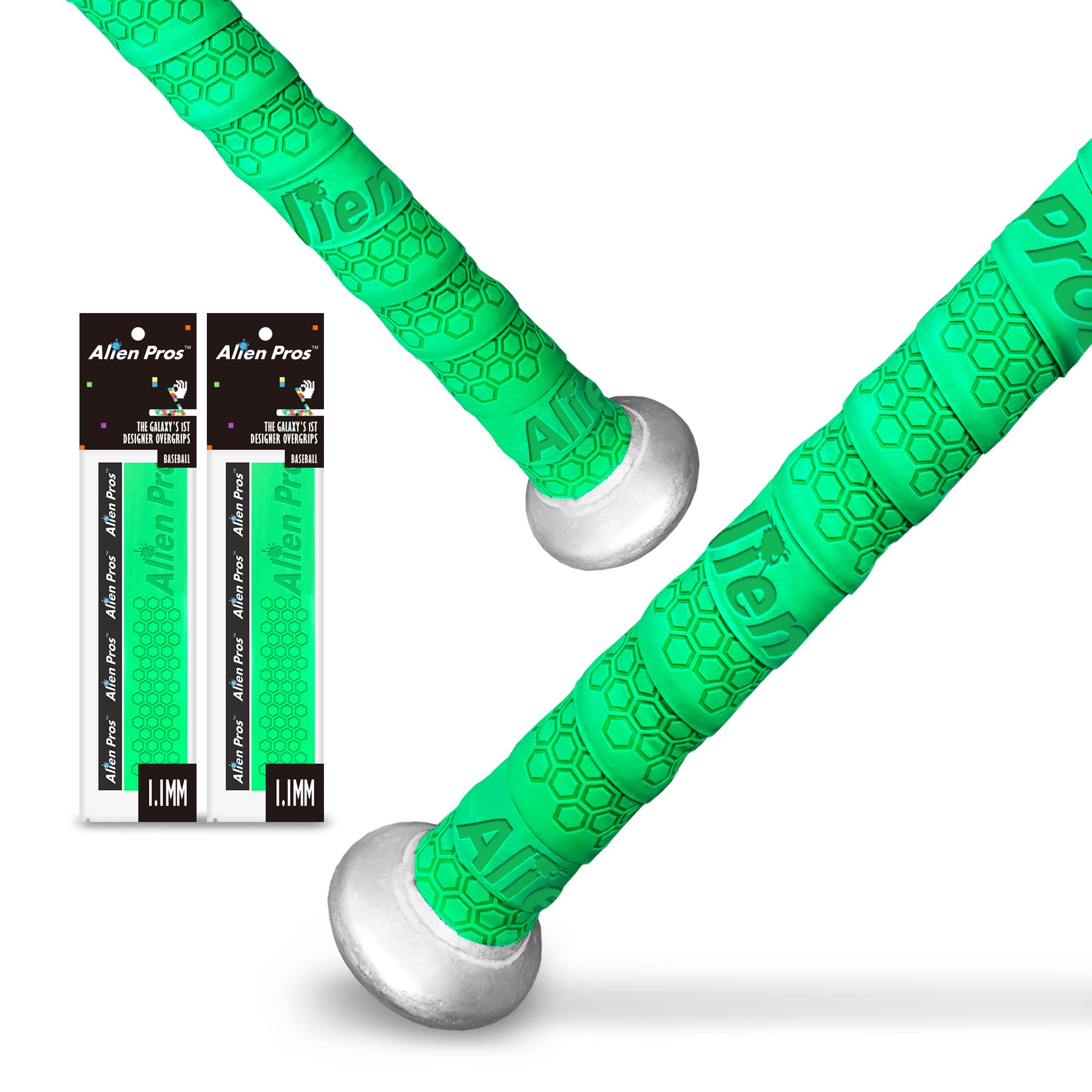 Alien Pros野球用バットグリップテープ（2グリップ）－ 1.1 mmプレカット、プロ品質のバットテープ－古い野球用バットグリップの代替品－バットを保護して、壮大なホームランを打ちましょう（2グリップ，緑色）