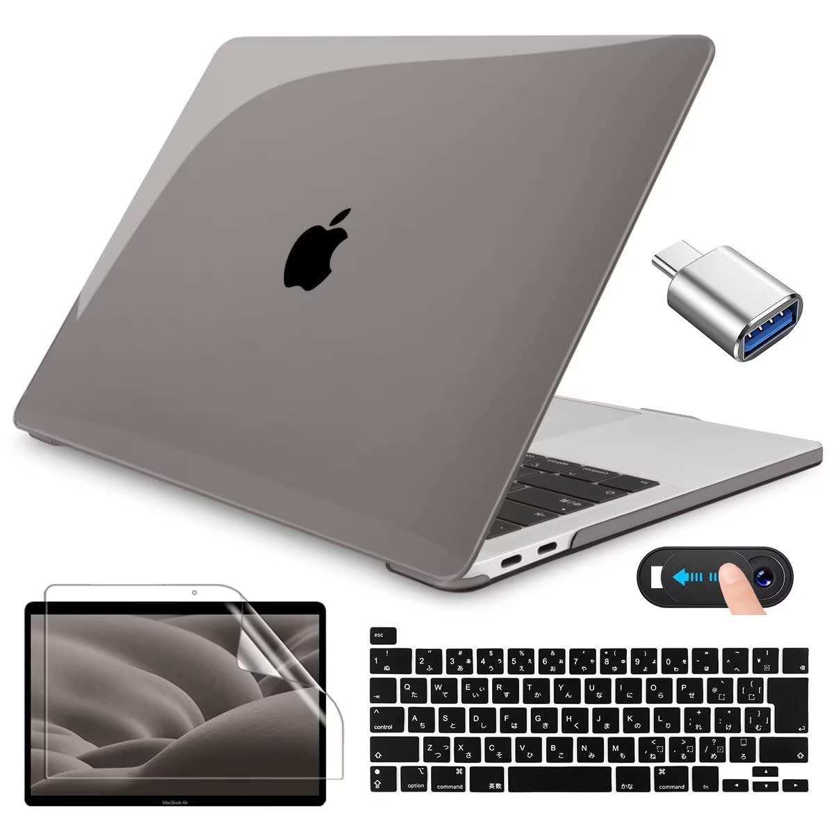 CISSOOK MacBook Pro 13 インチ M2 ケース グレー 透明 2022 2021 2020年 改良新型 gray シェルカバー M2 A2338 M1 A2251 A2289 モデル 対応 おしゃれ はいいろ 薄型 耐衝撃 軽量 日本語キーボードカバー JIS配列+ 画面保護フィルム+ Type-C to USB 変換アダプタ +ウェブ